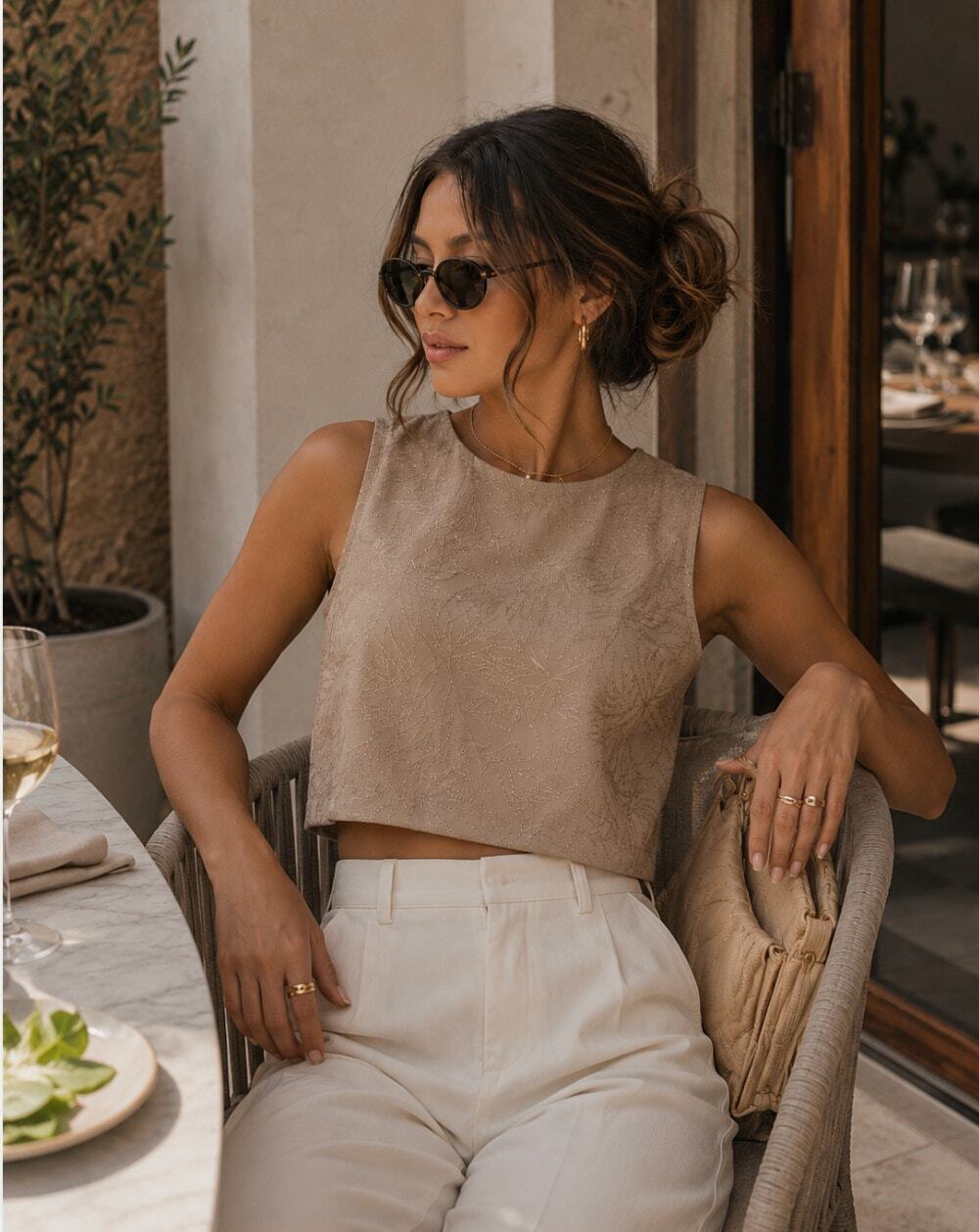 Express Sleeveless Metallic Embroidery Gold Sheen Tan Button Back Top Blouse XS